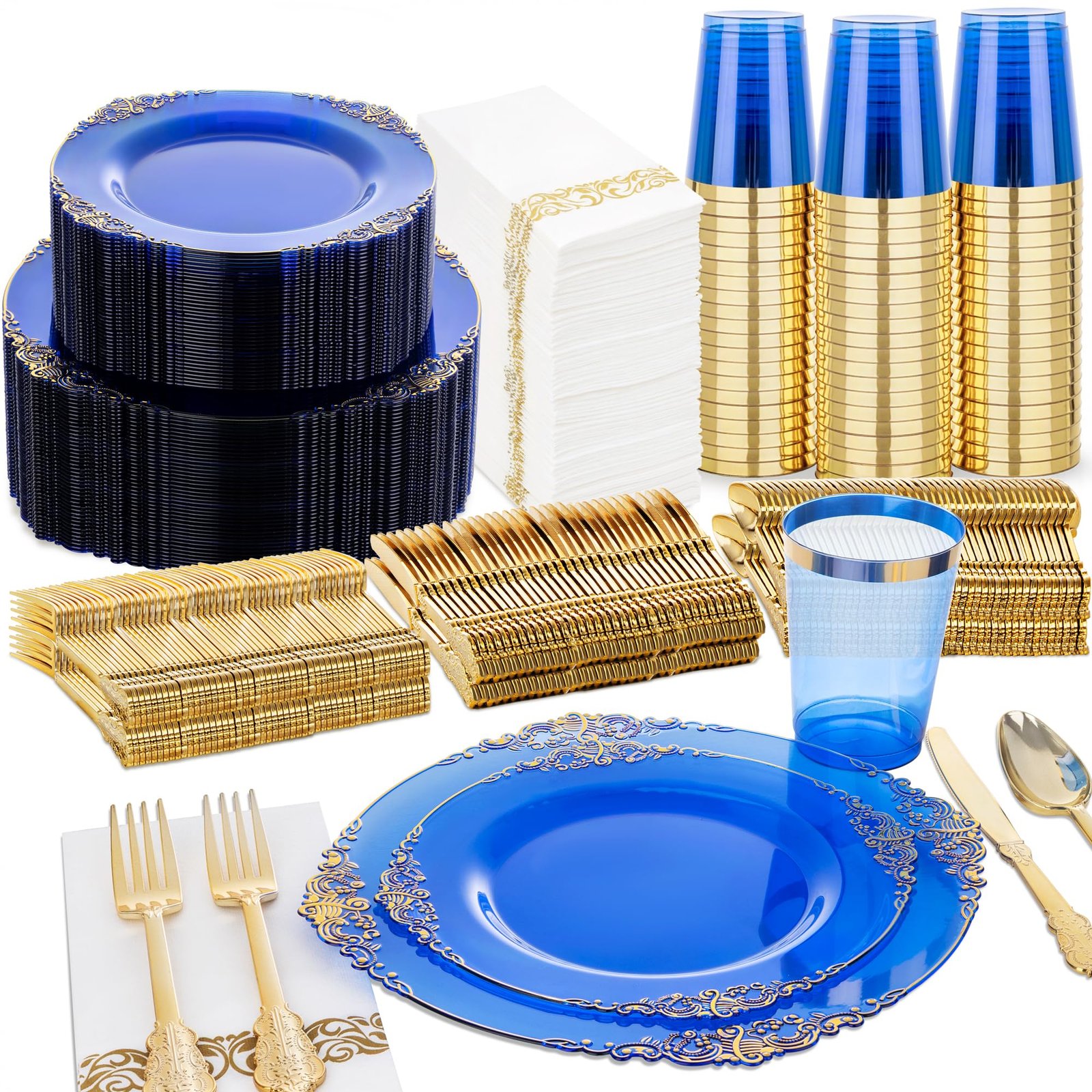 blue and gold dinnerware set