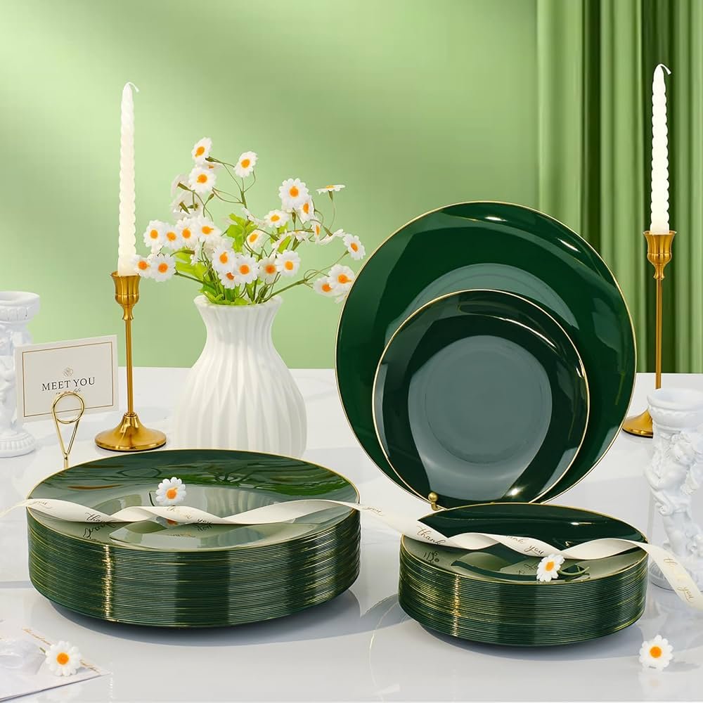 green and gold dinnerware set