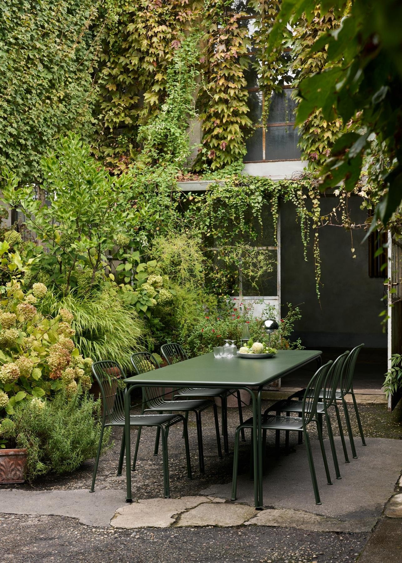 green outdoor dining table