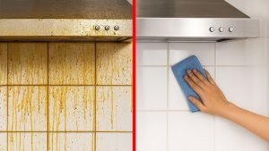 Spray bottle and cloth cleaning sticky kitchen walls