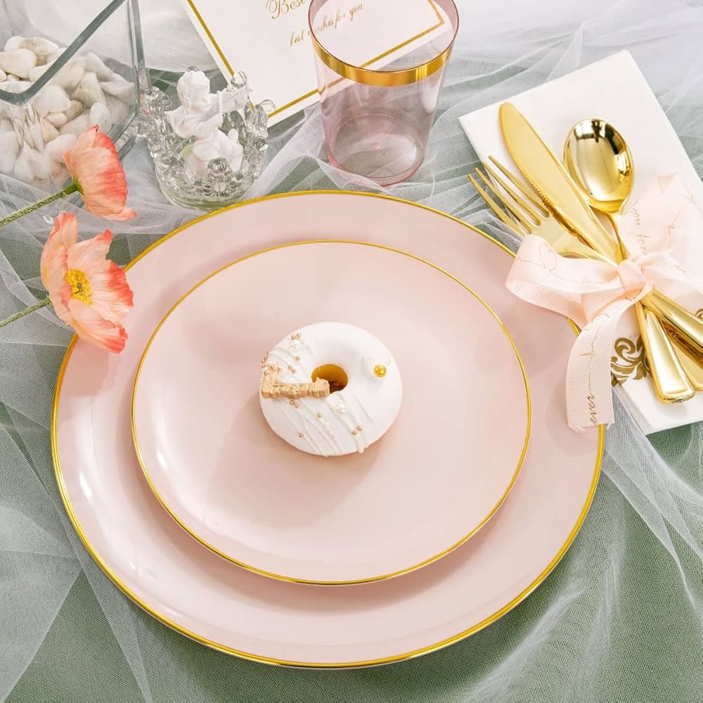 pink and gold dinnerware set