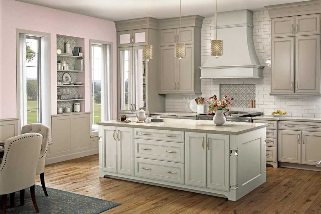 Stylish ivory cabinets matched with charcoal grey walls