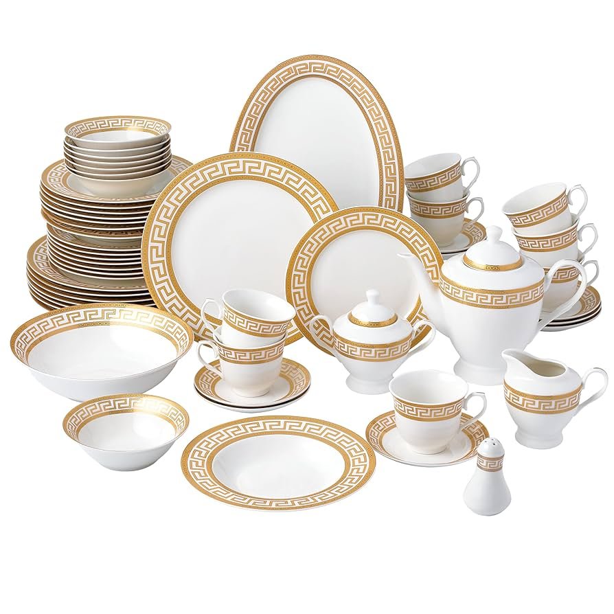 white and gold dinnerware set for 8