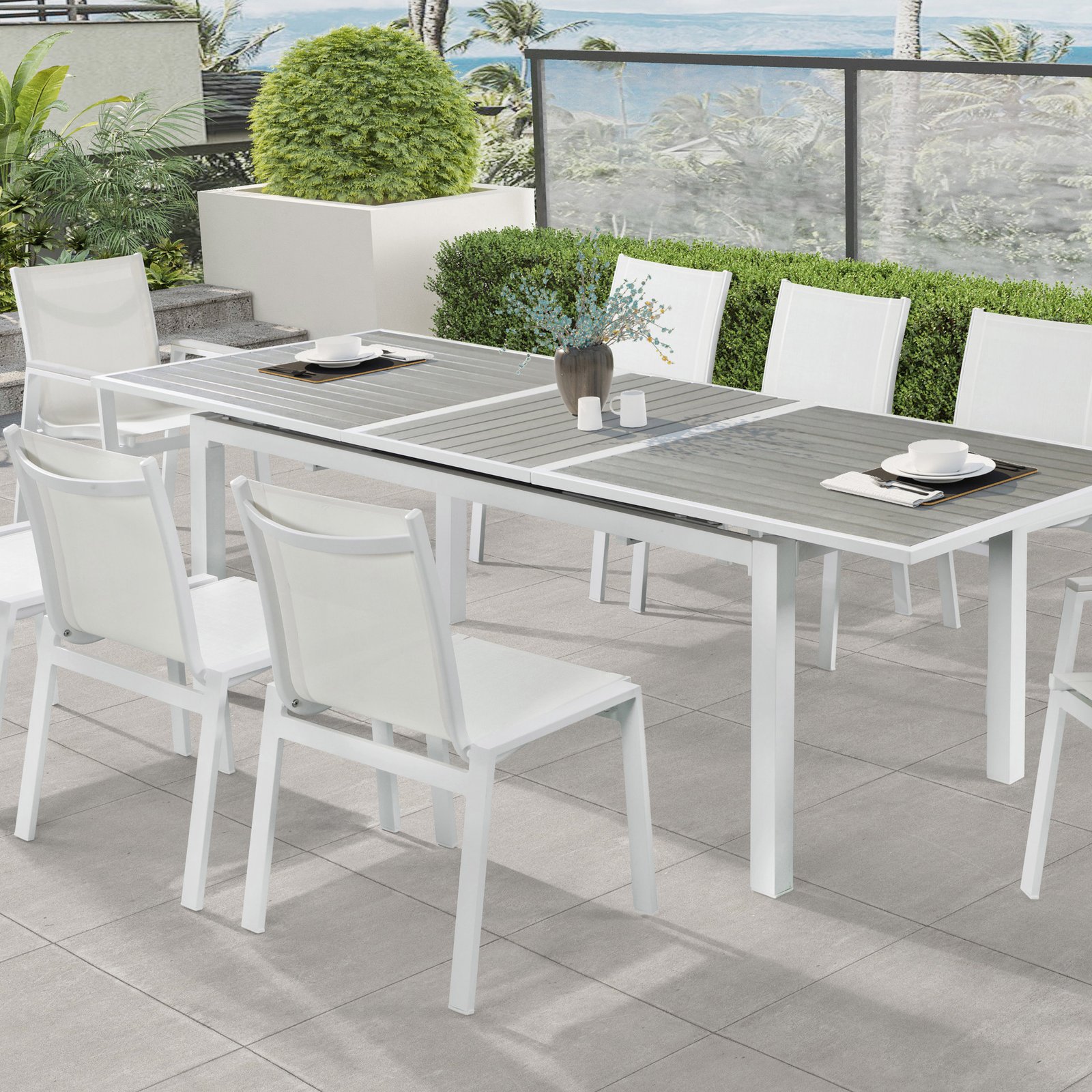 white outdoor dining tables