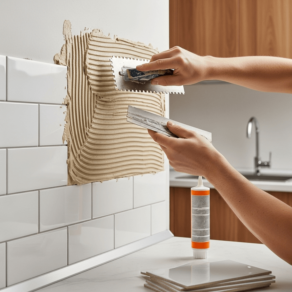 How to Put Up Wall Tile in Kitchen: Easy Steps for a Stunning Upgrade 3 Applying adhesive to kitchen wall before tiling