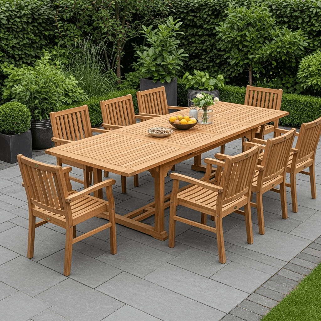 Teak outdoor dining table perfect for large gatherings and small spaces
